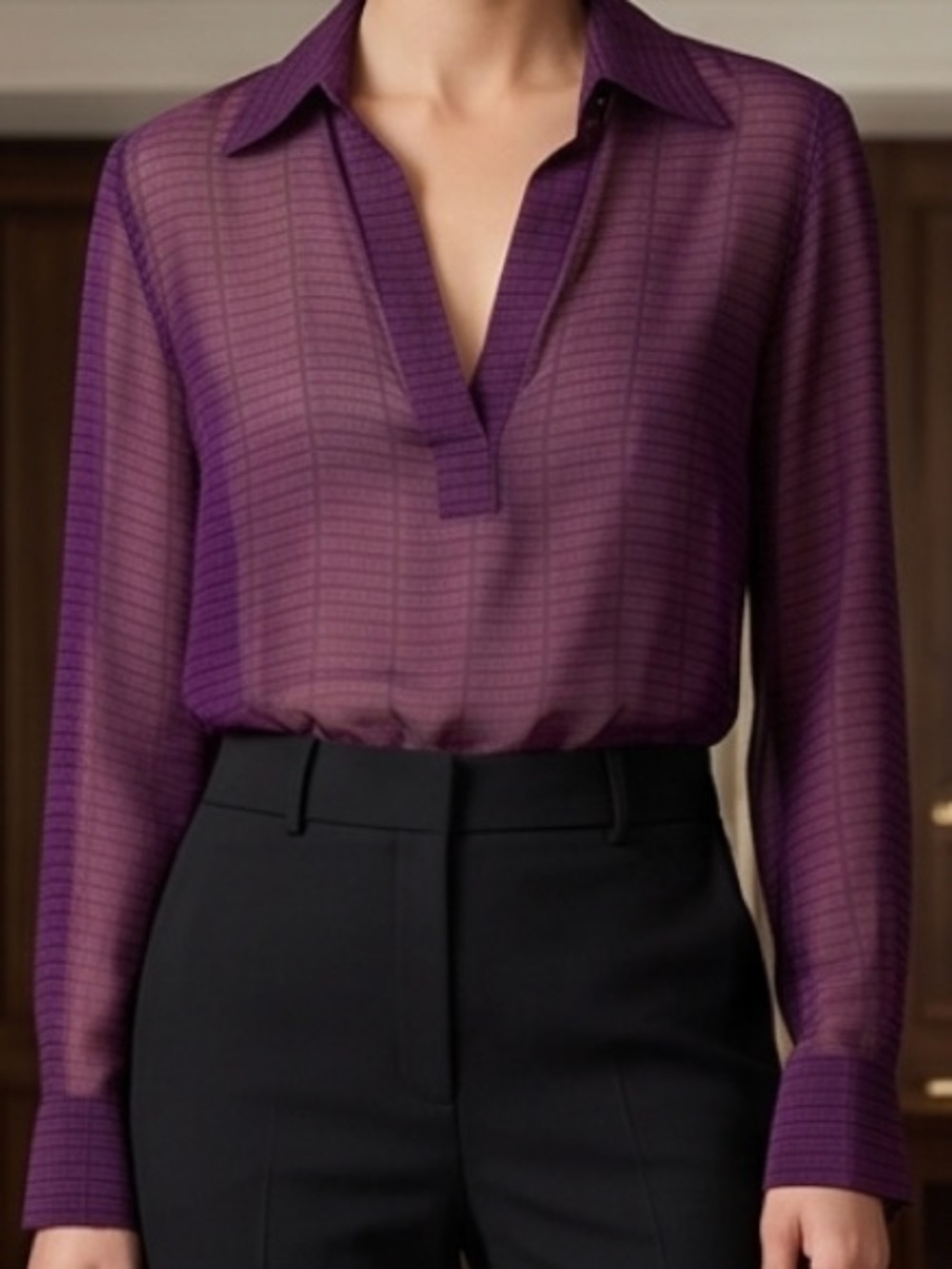 Burberry Purple Sheer Collared V-Neck Blouse